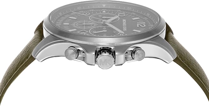 Side profile of Michael Kors Pilot MK9129 green leather strap men's watch