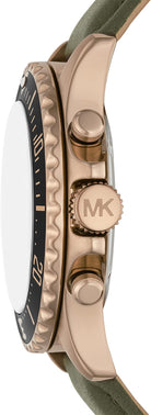 Side profile of Michael Kors Everest MK9090 beige gold-tone case with green leather strap