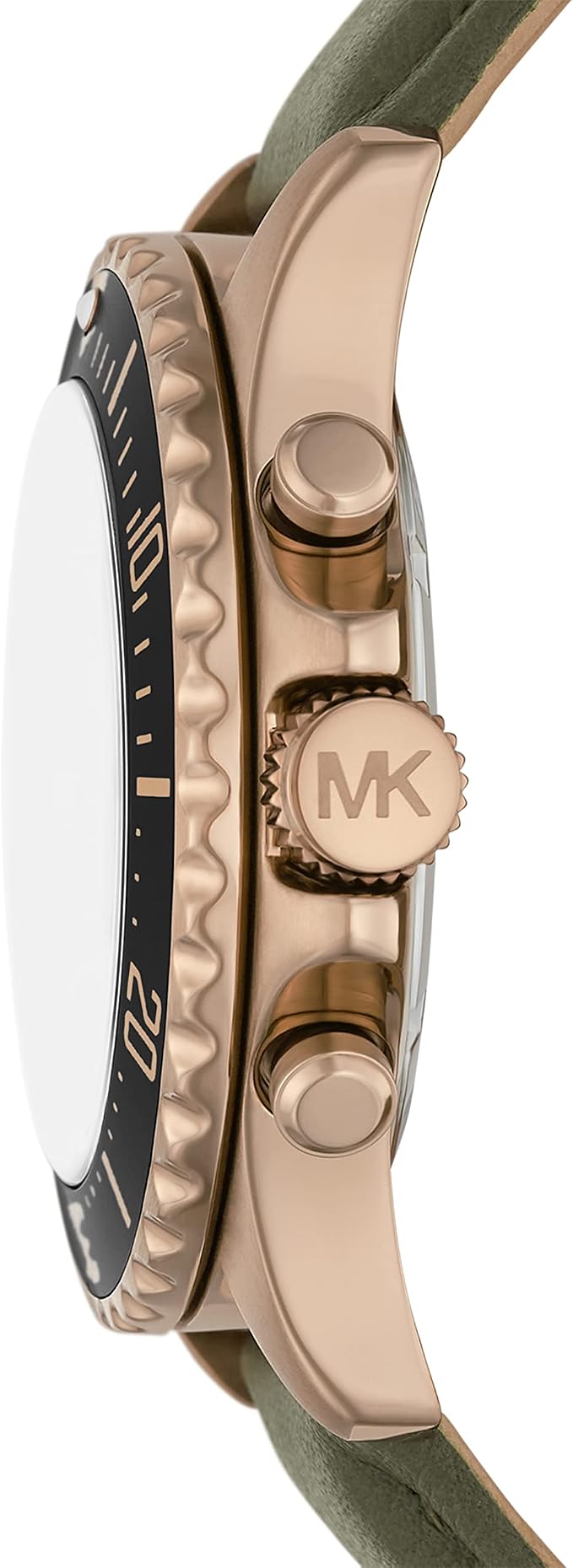 Side profile of Michael Kors Everest MK9090 beige gold-tone case with green leather strap