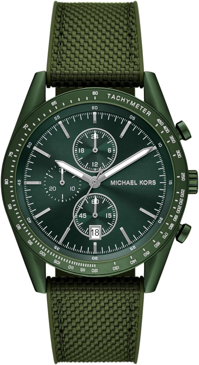Michael Kors Warren MK9144 men's green dial olive nylon strap chronograph watch front view
