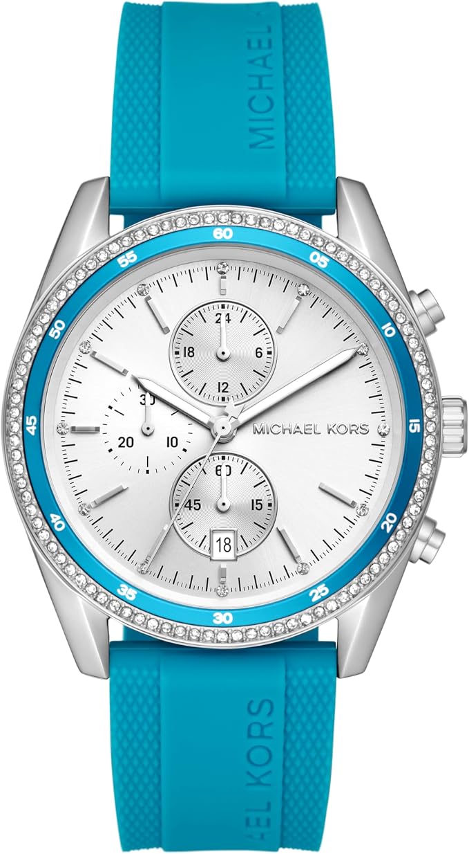 Michael Kors Hadyn MK7485 women's white sunray dial blue silicone chronograph watch front view