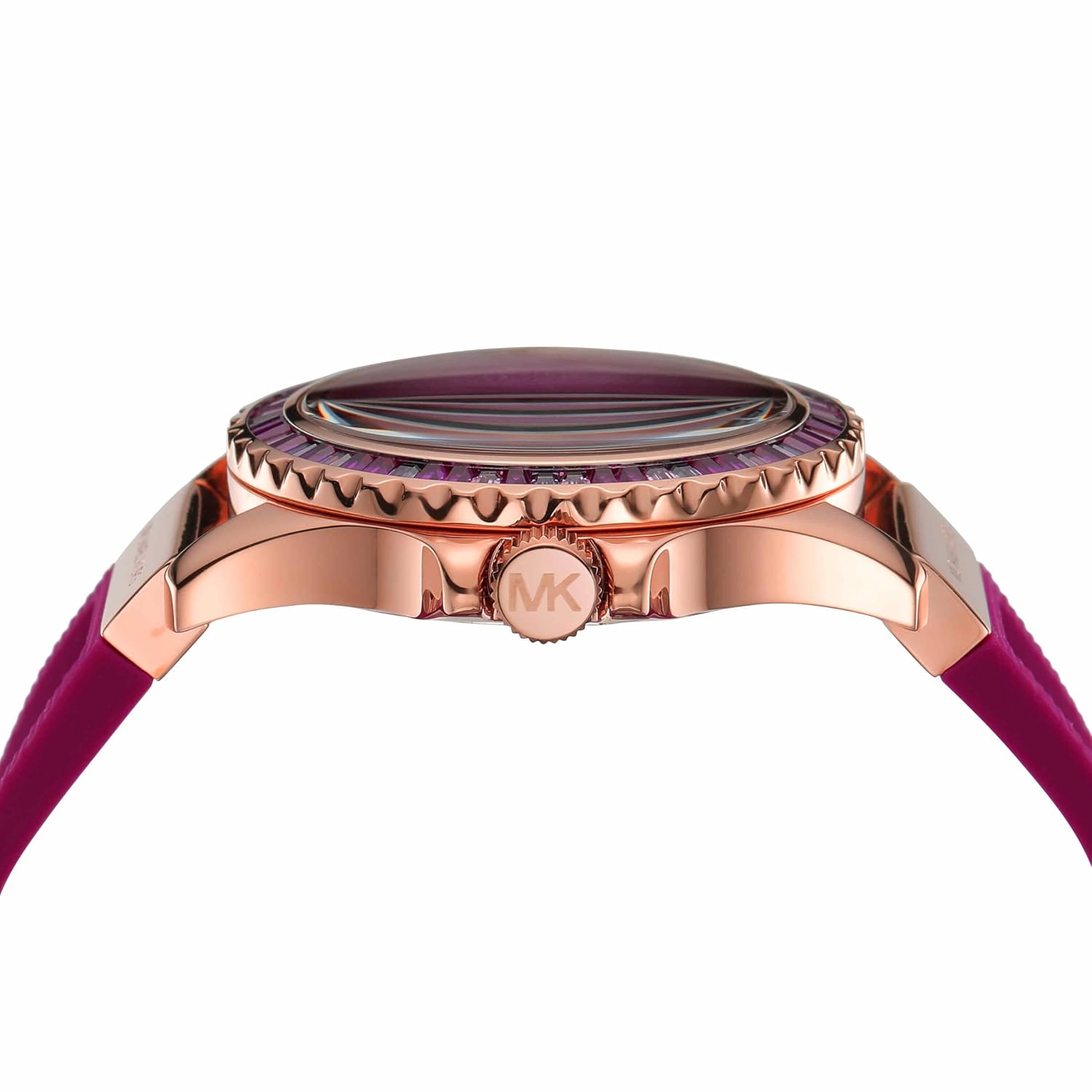 Side profile of Michael Kors Everest MK7441 fuchsia silicone strap watch