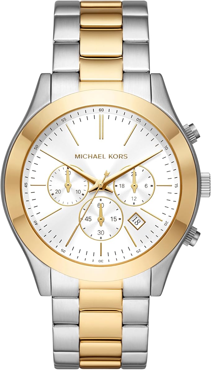 Michael Kors Slim Runway MK8986 men's white dial two-tone stainless steel chronograph watch front view