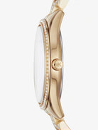 Side view of Michael Kors Lauryn MK3899 gold stainless steel bracelet watch