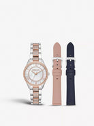 Michael Kors Lauryn MK4366 women's white silver dial two-tone stainless steel watch front view.