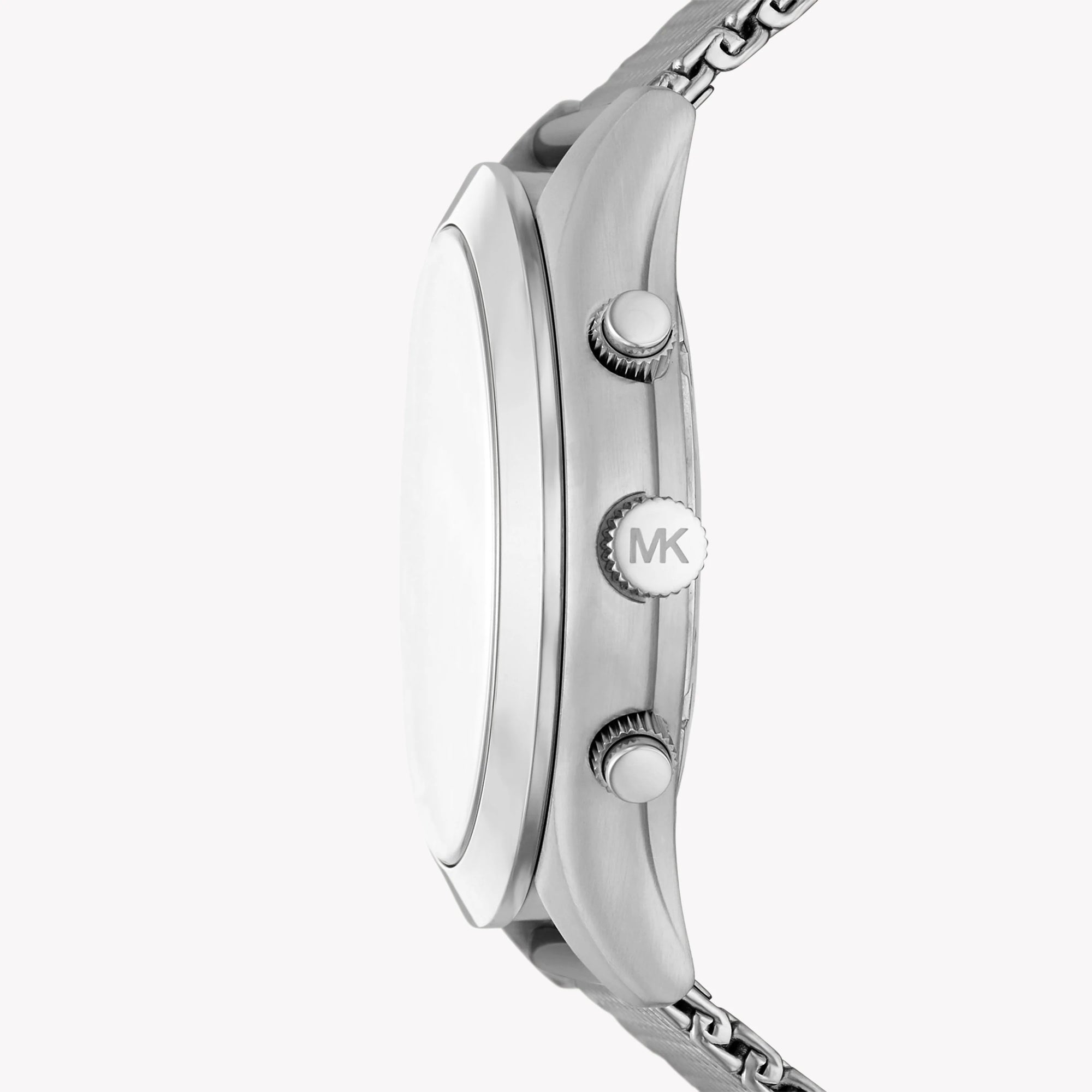 Side profile of Michael Kors Slim Runway MK9059 silver stainless steel mesh watch
