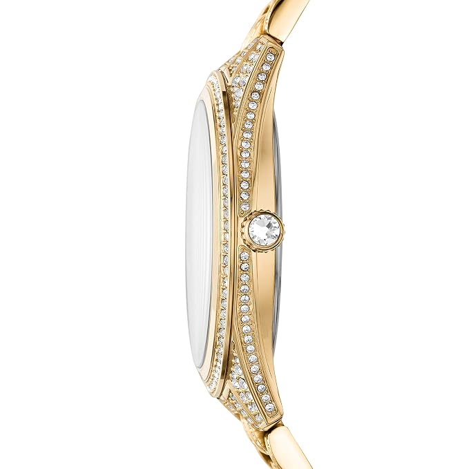 Side view of Michael Kors Lauryn MK3930 gold stainless steel bracelet watch
