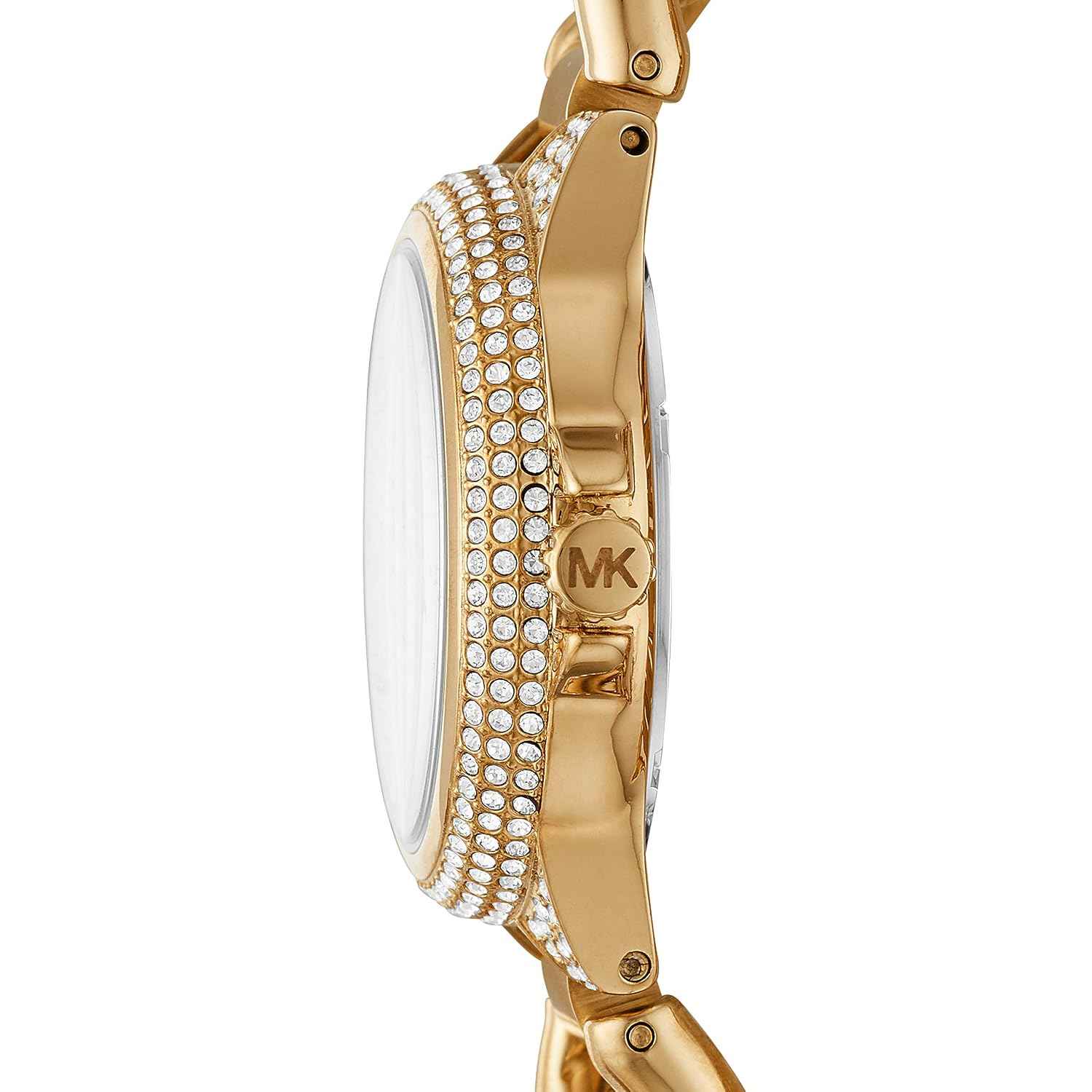 Side profile of Michael Kors Mini Camille MK6842 gold crystal bracelet watch