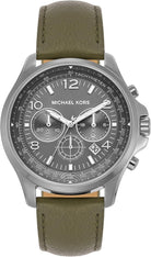 Michael Kors Pilot MK9129 men's silver dial green leather chronograph watch front view