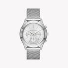 Michael Kors Slim Runway MK9059 men's silver dial silver mesh chronograph watch front view