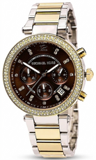 Close-up of Michael Kors MK6118 brown chronograph dial with silver case