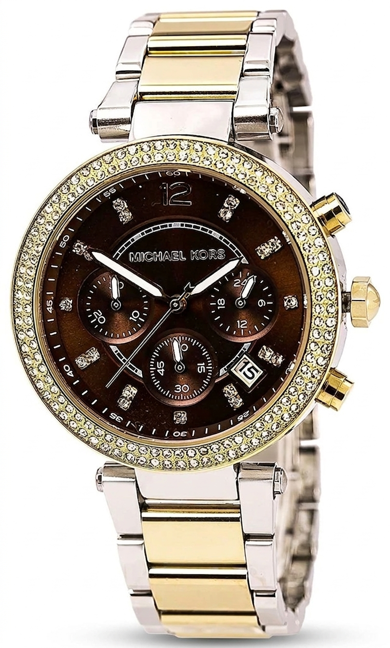 Close-up of Michael Kors MK6118 brown chronograph dial with silver case