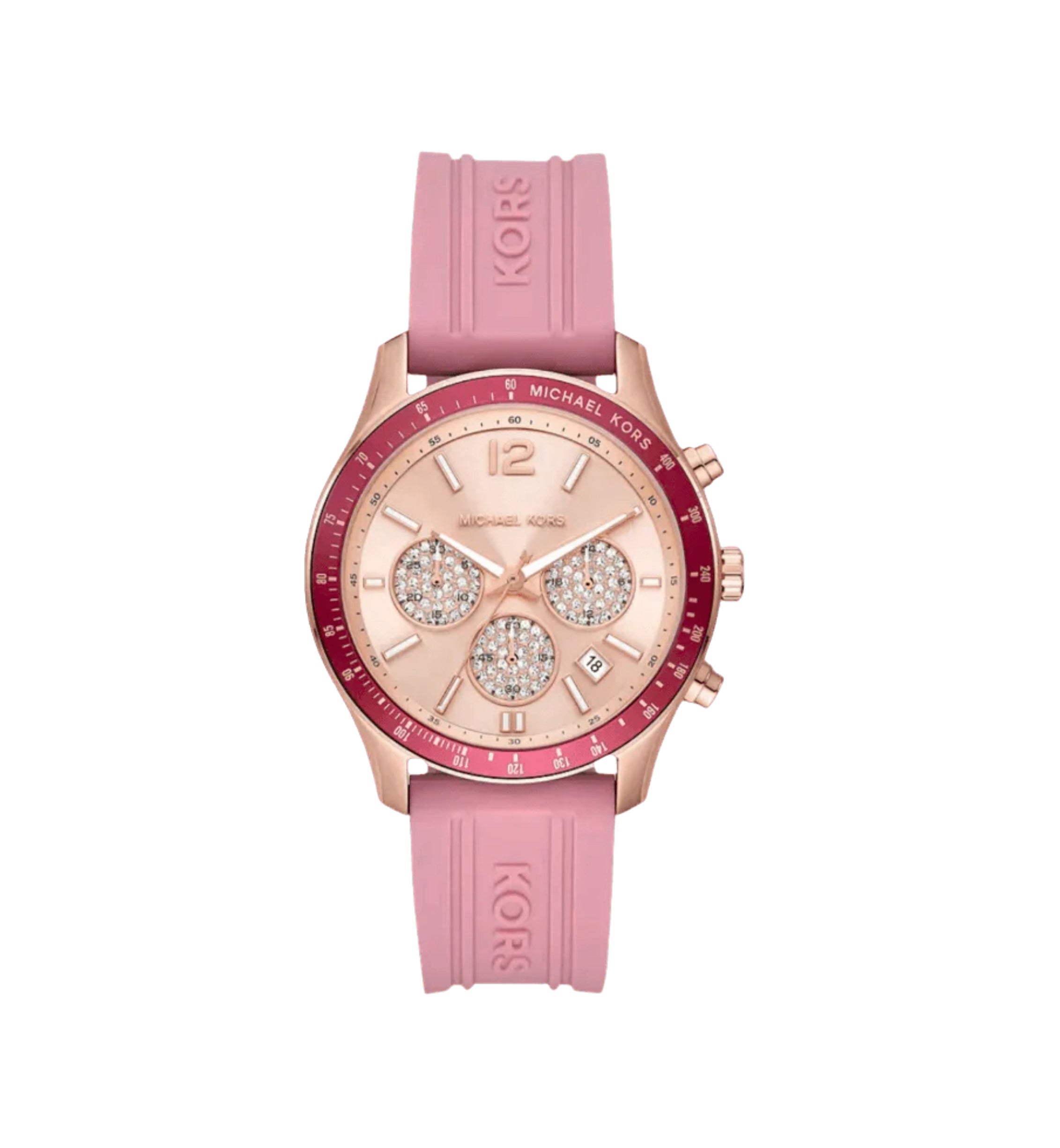 Michael Kors Berkley MKO1039 women's rose gold dial pink silicone chronograph watch front view