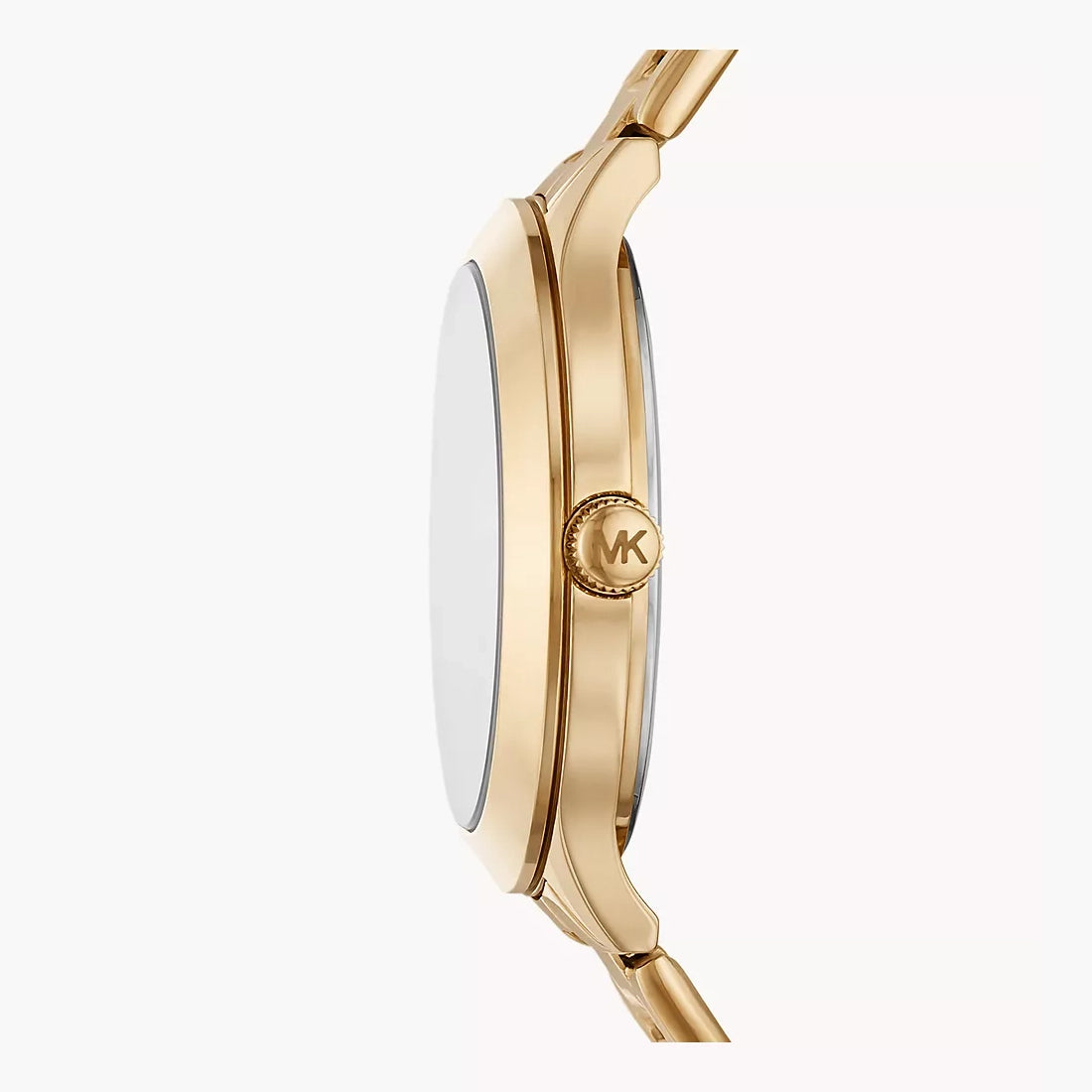 Side profile of Michael Kors Slim Runway MK1046 gold stainless steel bracelet watch