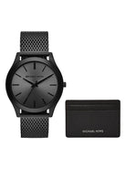 Michael Kors Slim Runway MK1085 men's black-tone watch and card case gift set front view