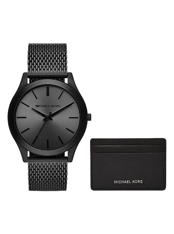 Michael Kors Slim Runway MK1085 men's black-tone watch and card case gift set front view
