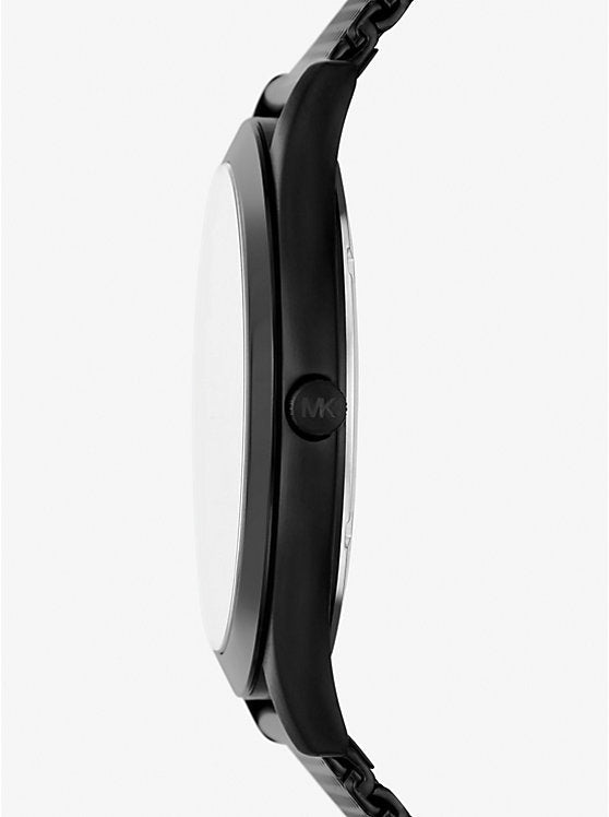 Side profile of Michael Kors Slim Runway MK1085 black stainless steel men's watch