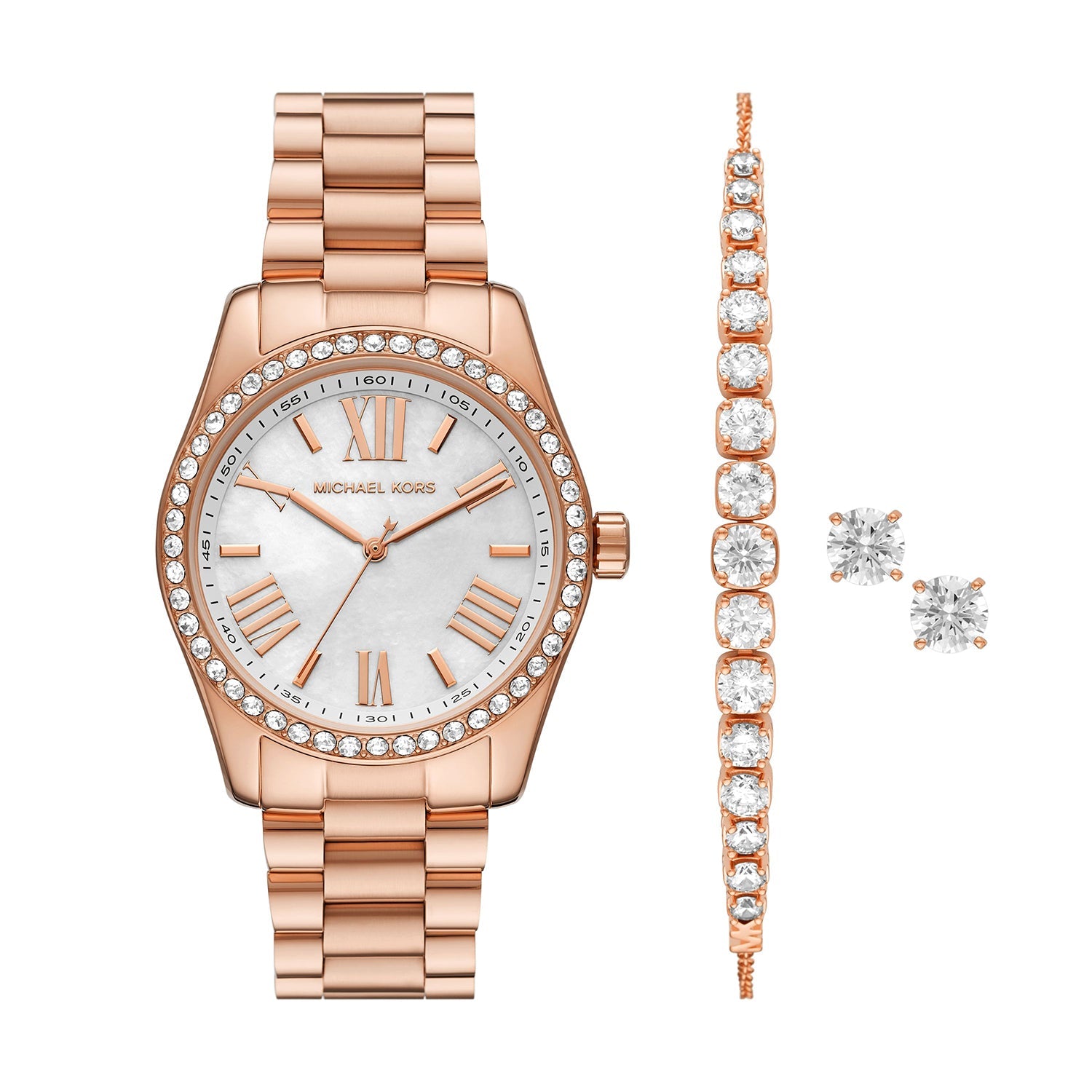 Michael Kors Lexington MK1088SET women's mother-of-pearl rose gold watch gift set front view