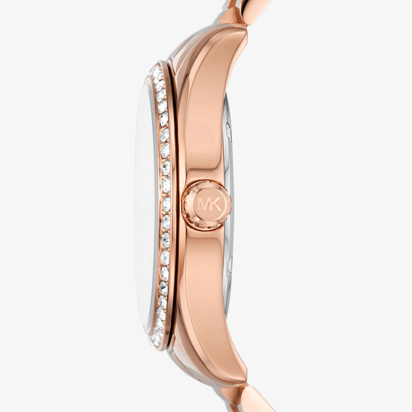 Side profile of Michael Kors Lexington MK1088SET rose gold stainless steel women's watch