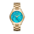 Michael Kors MK3492 women's blue dial gold stainless steel watch front view