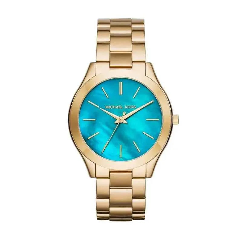 Michael Kors MK3492 women's blue dial gold stainless steel watch front view