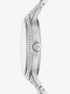 Side view of Michael Kors Pavé MK3822 stainless steel bracelet watch