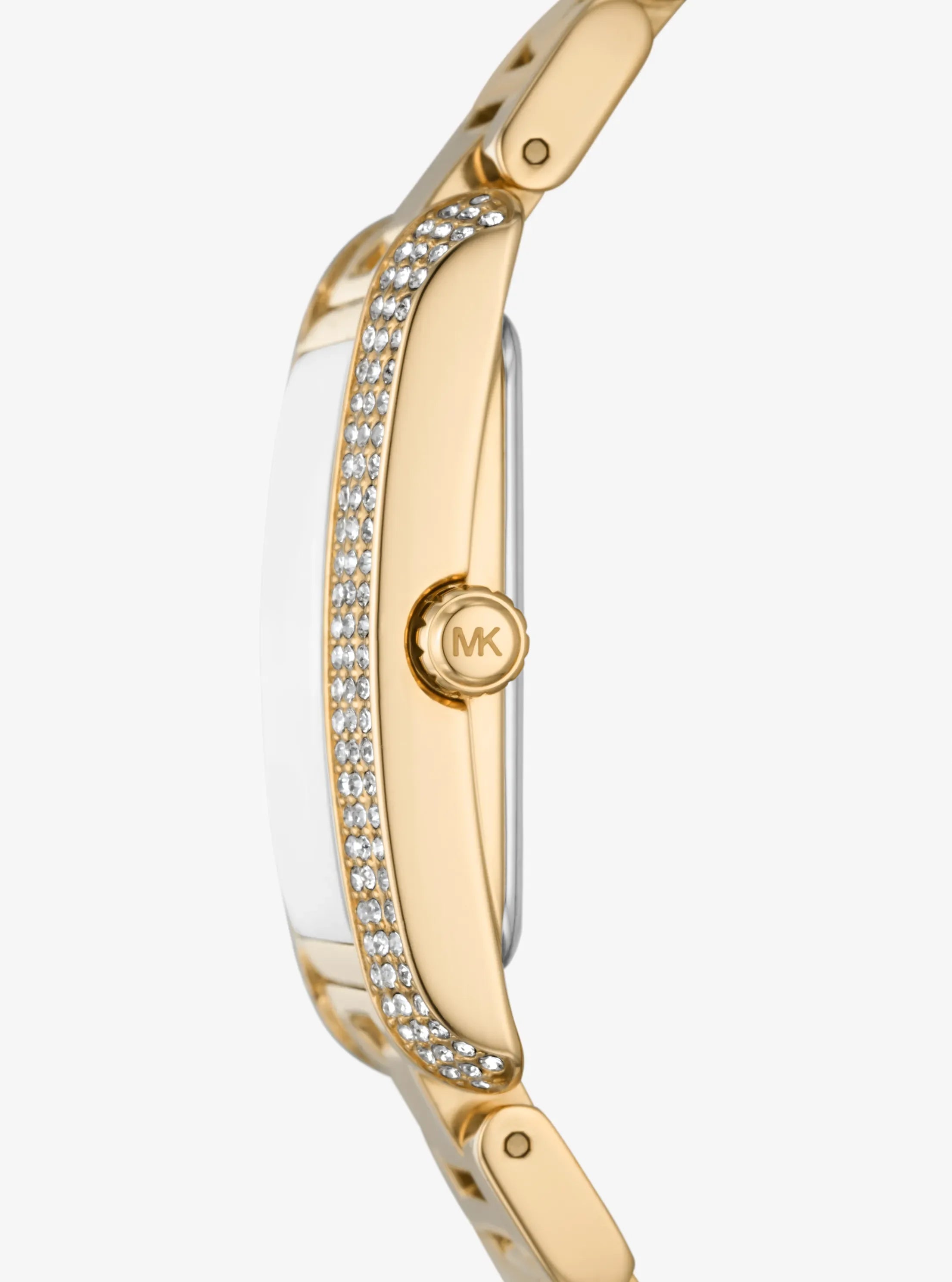 Side profile of Michael Kors Emery MK4643 gold stainless steel watch