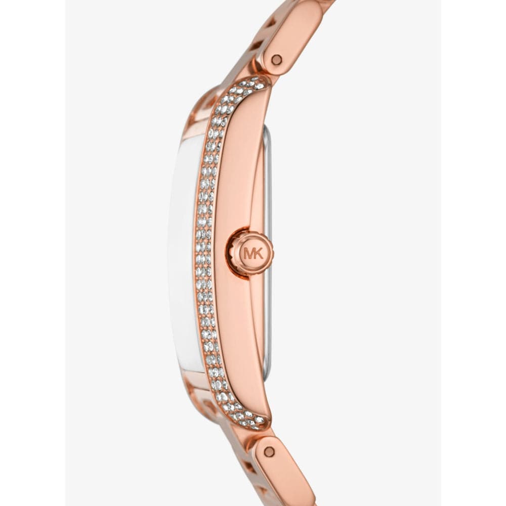 Side profile of Michael Kors Emery MK4644 rose gold bracelet watch