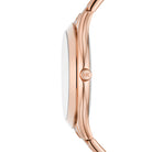 Side profile of Michael Kors Slim Runway MK4733 rose gold stainless steel bracelet watch