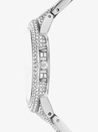 Side view of Michael Kors Camille MK4803 silver stainless steel bracelet watch