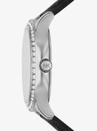 Side view of Michael Kors Sage MK4821 black leather strap watch