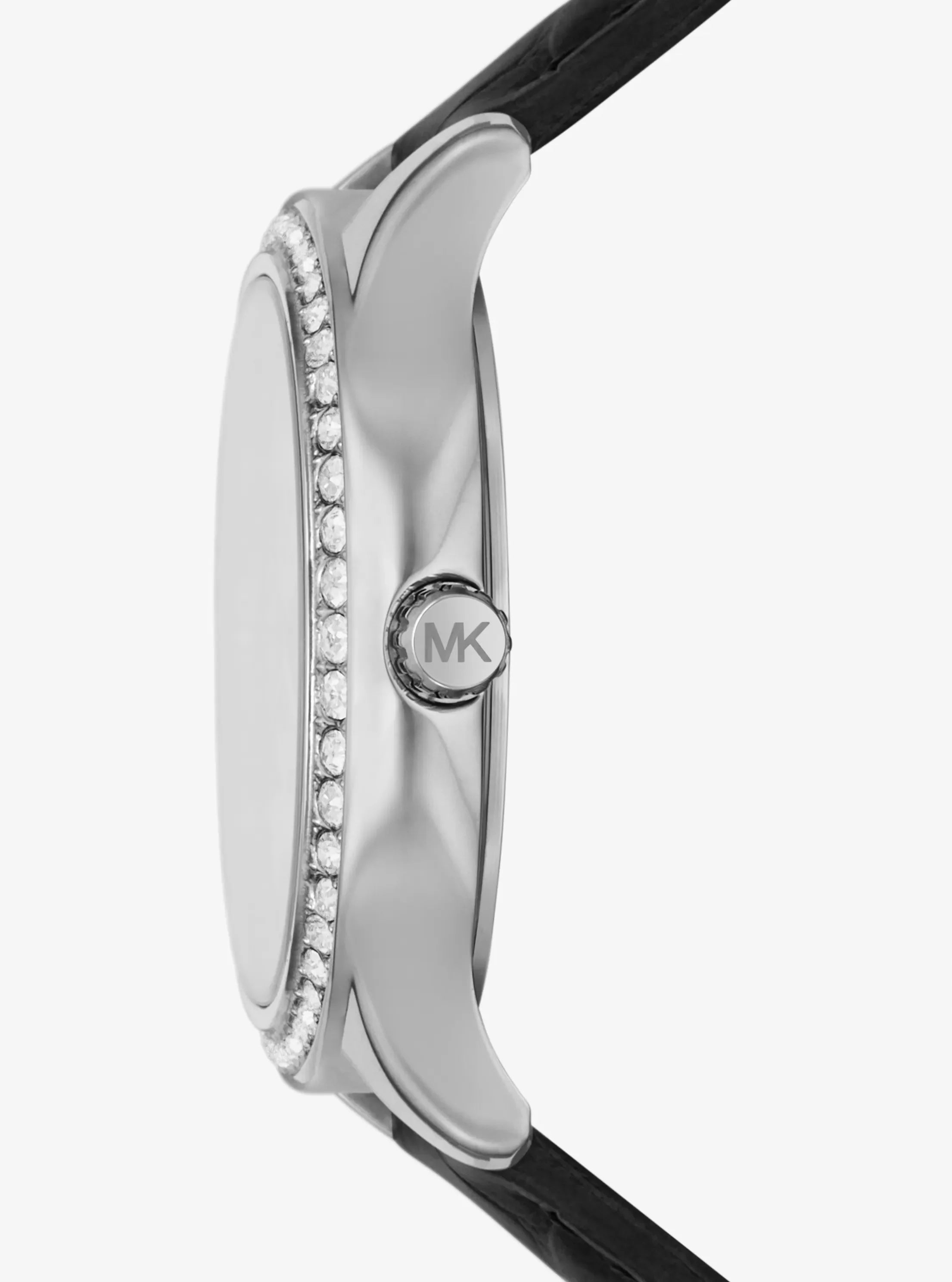 Side view of Michael Kors Sage MK4821 black leather strap watch