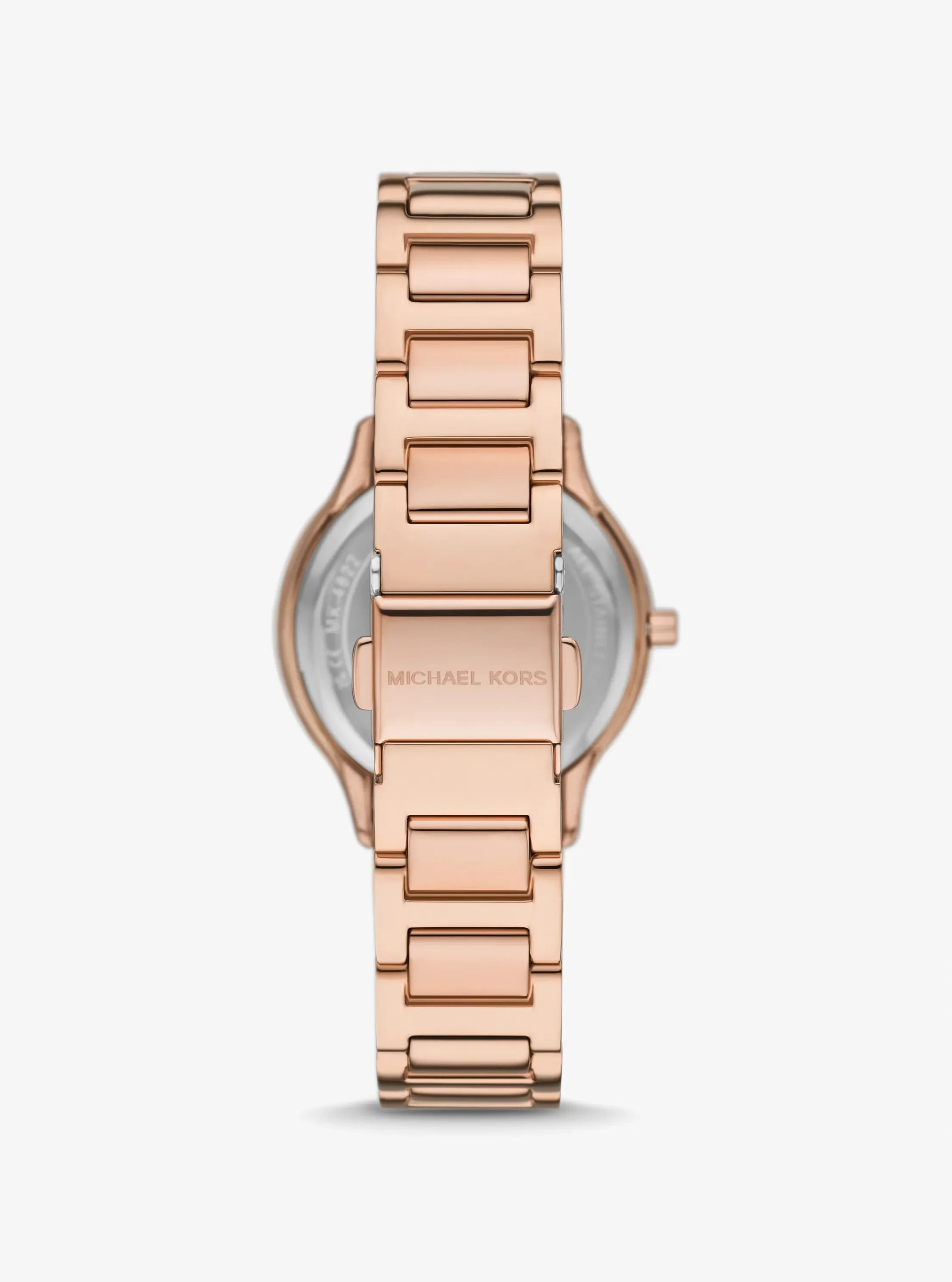Back view of Michael Kors MK4823 quartz watch with rose gold stainless steel case