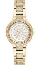 Front view of Michael Kors Taryn MK6567 women's gold mother-of-pearl watch