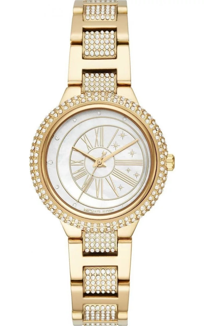 Front view of Michael Kors Taryn MK6567 women's gold mother-of-pearl watch