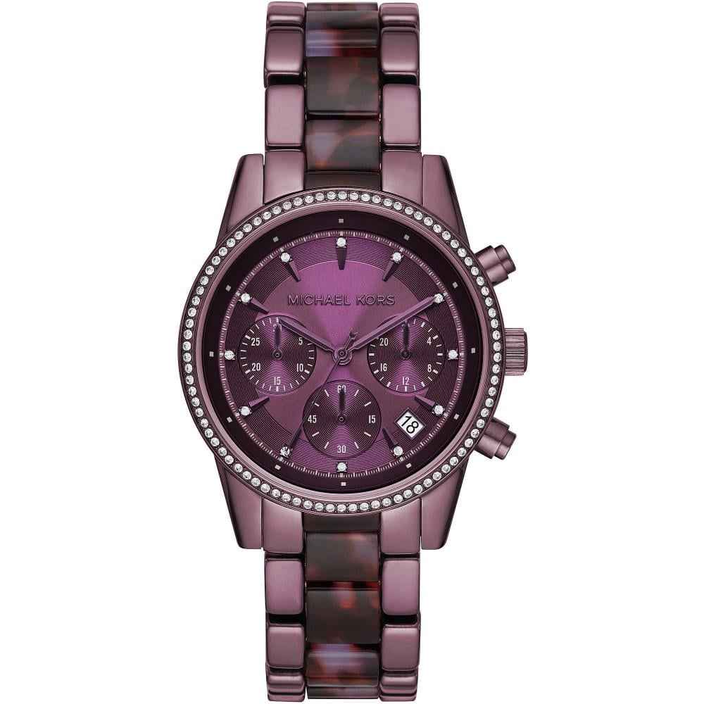 Michael Kors Ritz Pave MK6720 women's lavender chronograph dial purple stainless steel watch front view