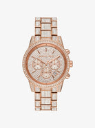 Michael Kors Ritz MK6748 women's rose gold pave chronograph stainless steel watch front view