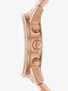 Side profile of Michael Kors Ritz MK6748 rose gold crystal chronograph watch
