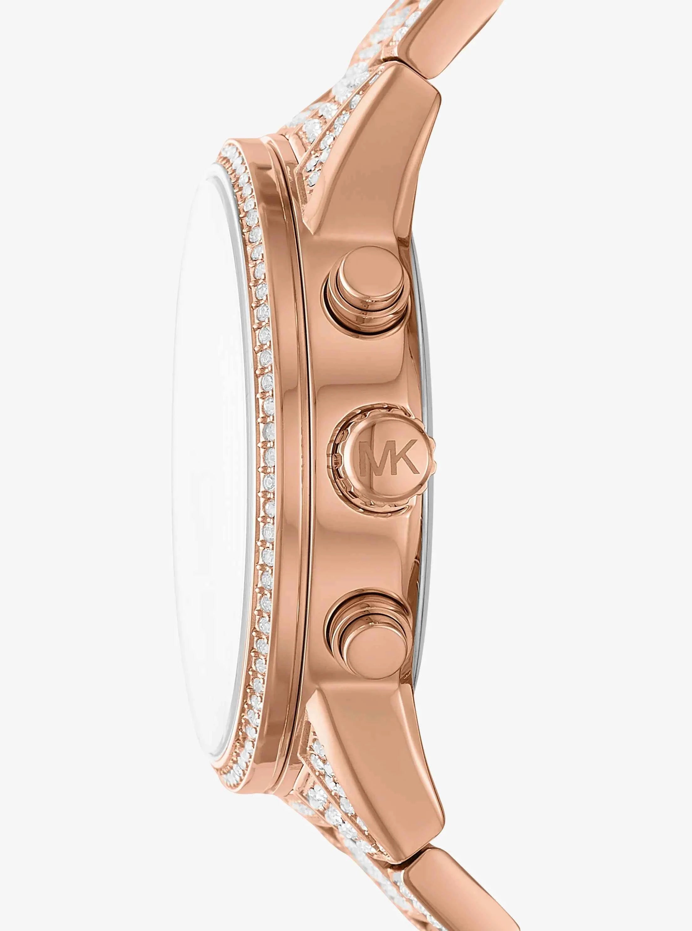 Side profile of Michael Kors Ritz MK6748 rose gold crystal chronograph watch