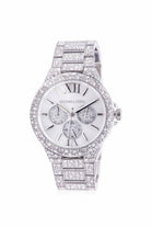 Close-up of Michael Kors MK6957 silver chronograph dial with crystal pave bezel