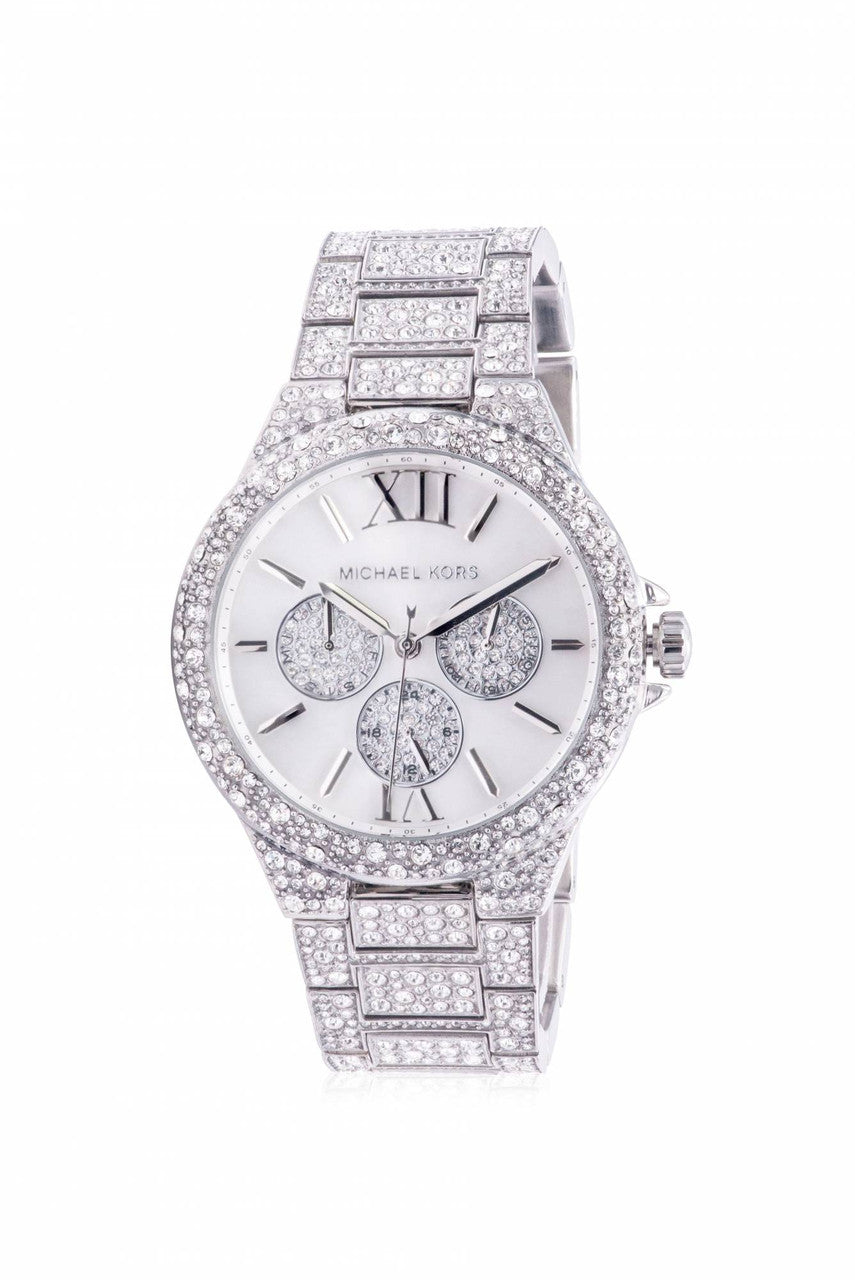 Close-up of Michael Kors MK6957 silver chronograph dial with crystal pave bezel