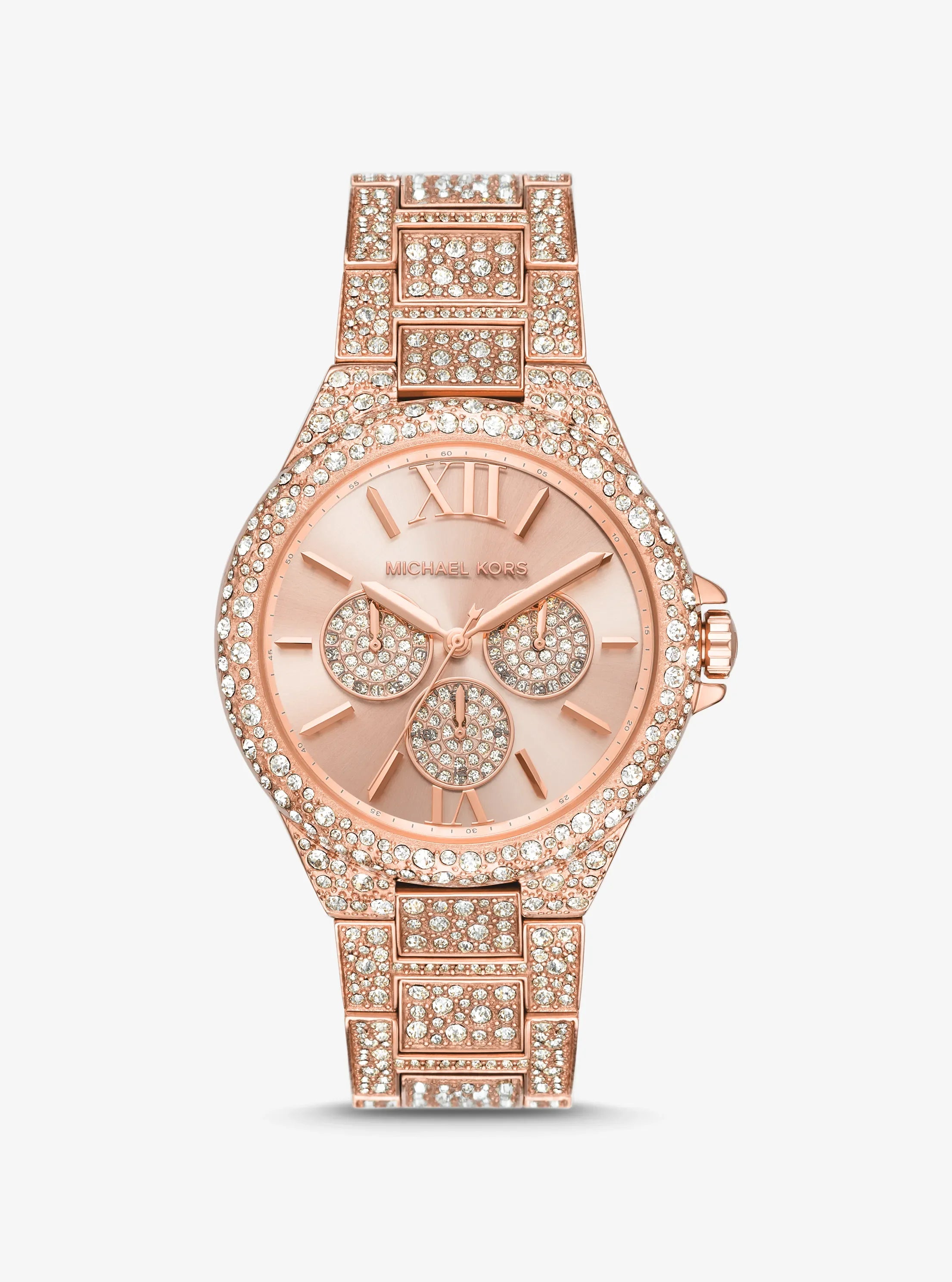 Michael Kors Camille MK6961 women's rose gold dial crystal pave stainless steel watch front view