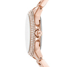 Side profile of Michael Kors Camille MK6983 rose gold bracelet watch with acetate details