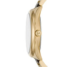 Side profile of Michael Kors Janelle MK7136 gold and brown acetate bracelet watch