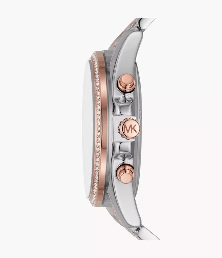 Side profile of Michael Kors Whitney MK7225 pavé crystal two-tone bracelet watch