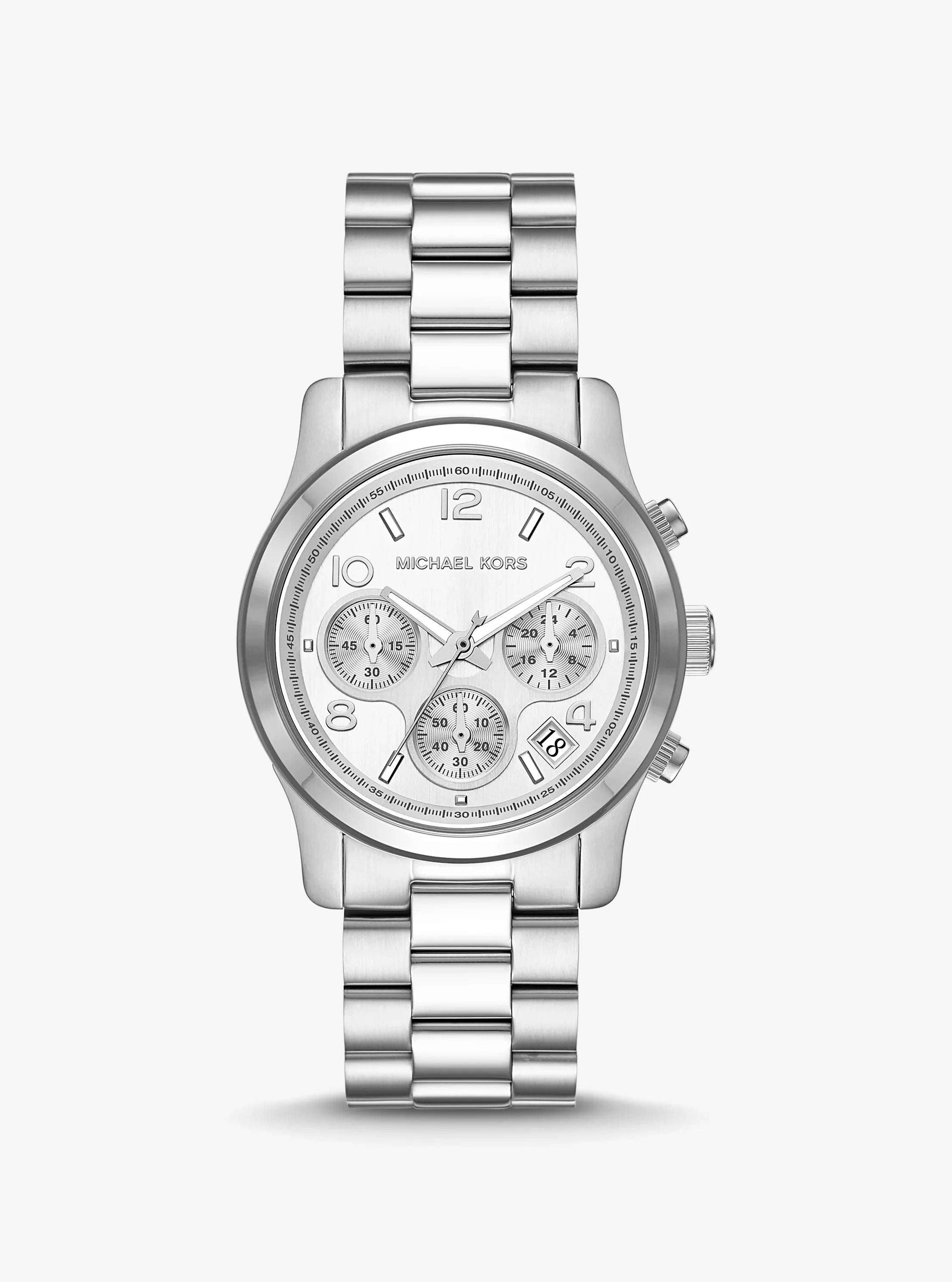 Michael Kors Runway Chronograph MK7325 women's silver stainless steel watch front view