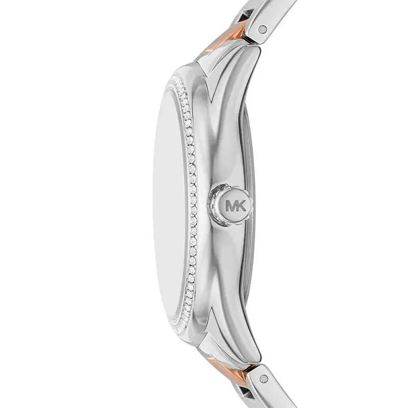 Side profile of Michael Kors Janelle MK7383 two-tone metal bracelet watch