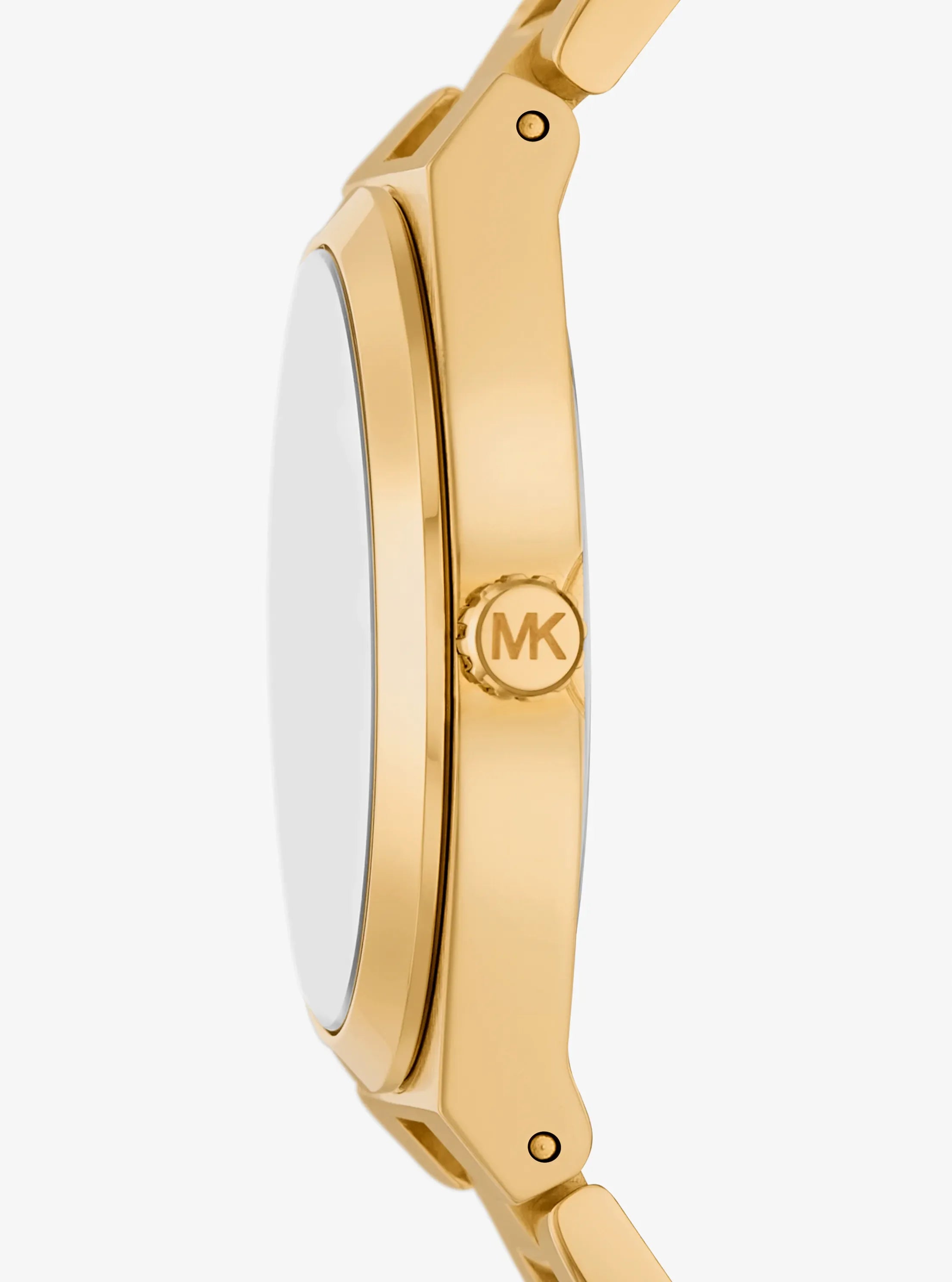 Side profile of Michael Kors Lennox MK7391 gold metal bracelet watch