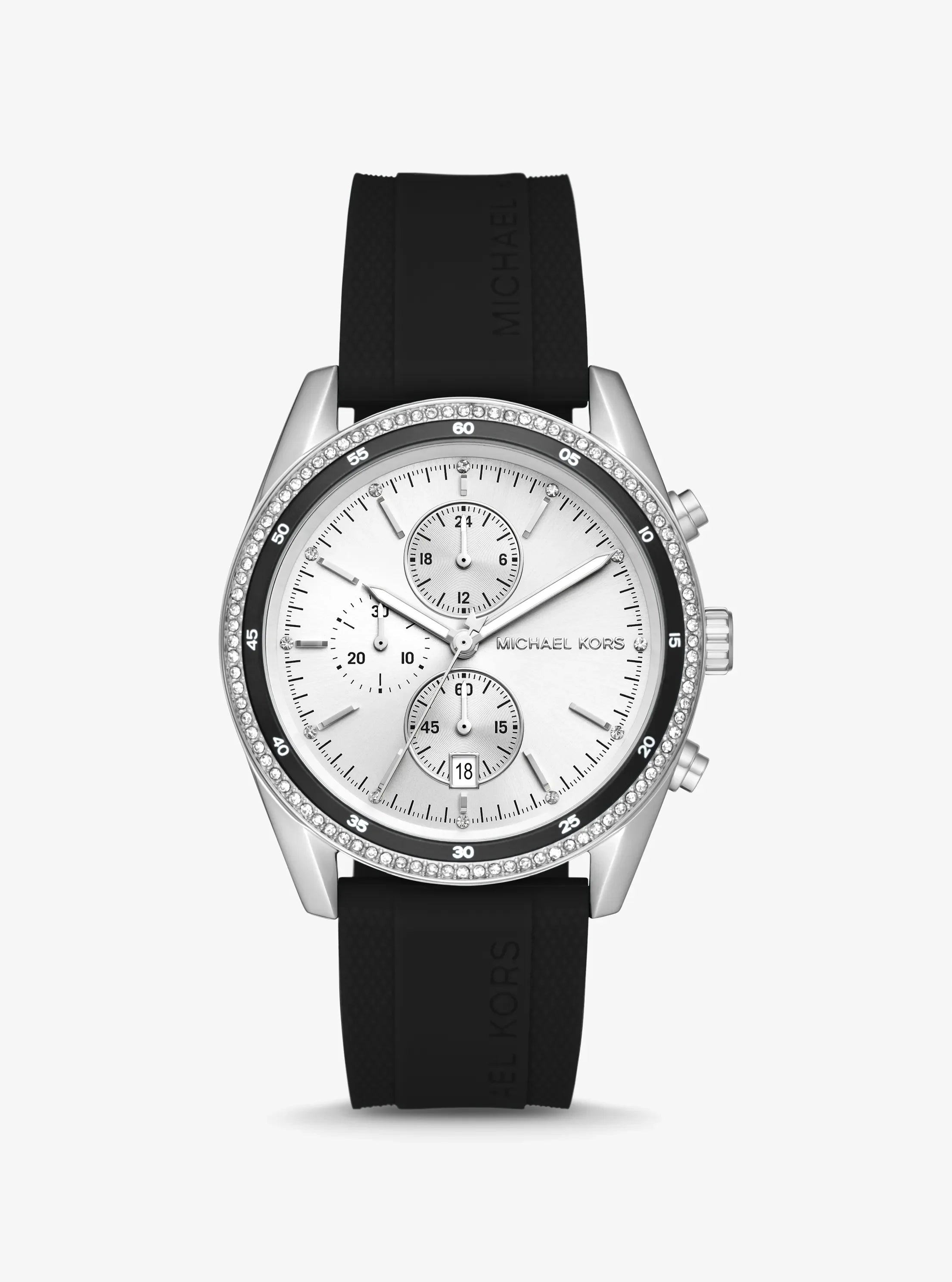 Michael Kors Hadyn MK7486 women's white sunray dial black silicone chronograph watch front view