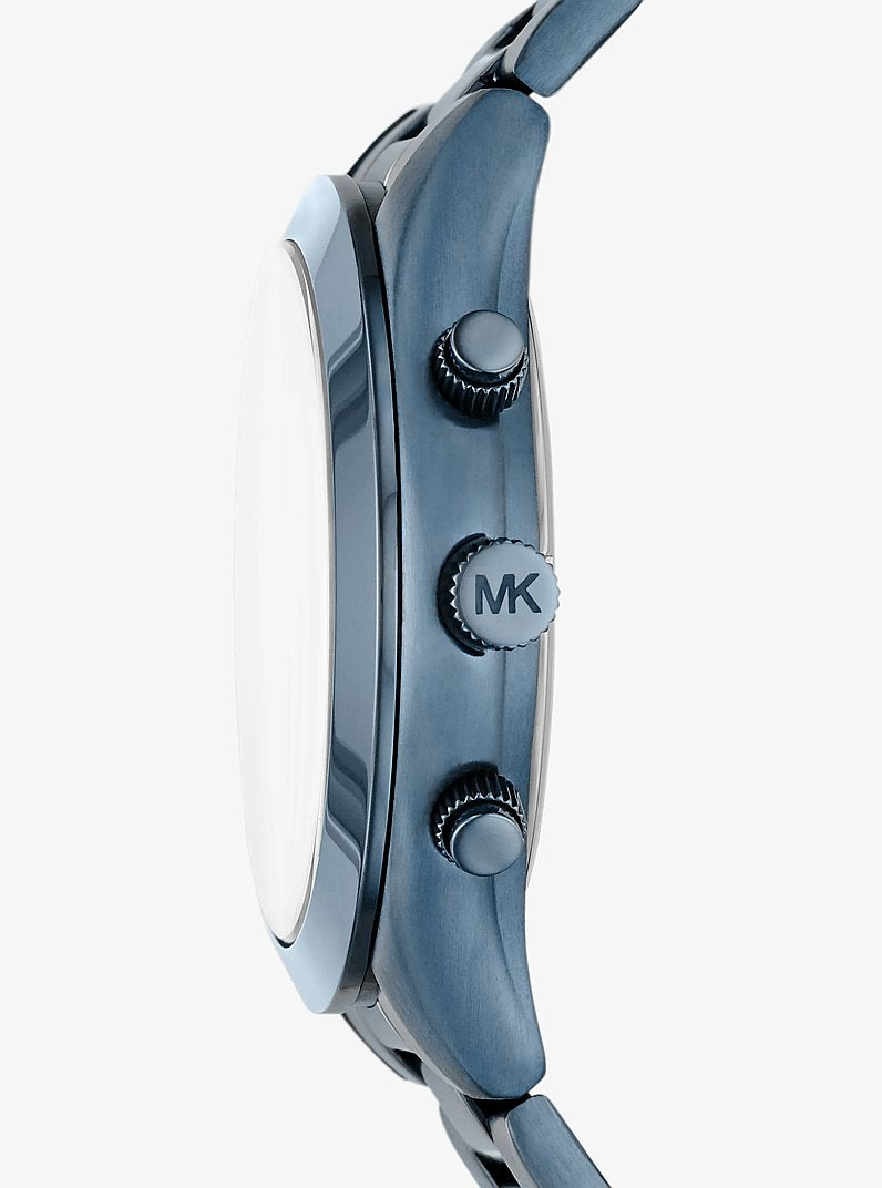Side profile of Michael Kors Slim Runway MK8918 blue stainless steel men's watch